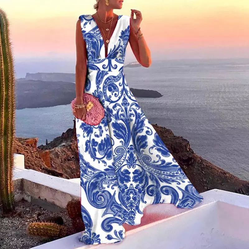 Damen Maxikleid Geometrischer Schnitt V-Ausschnitt Eveloria