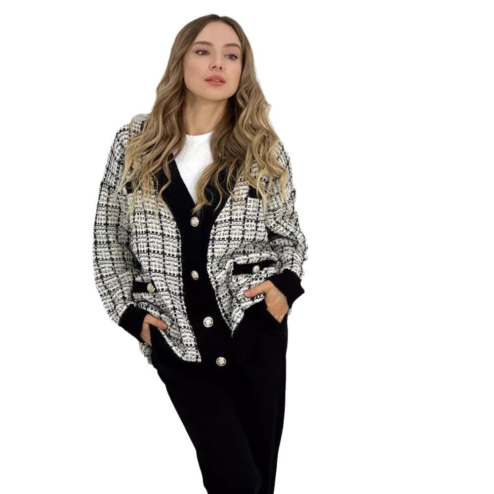 Damen Strickjacke Karomuster Mit Taschen