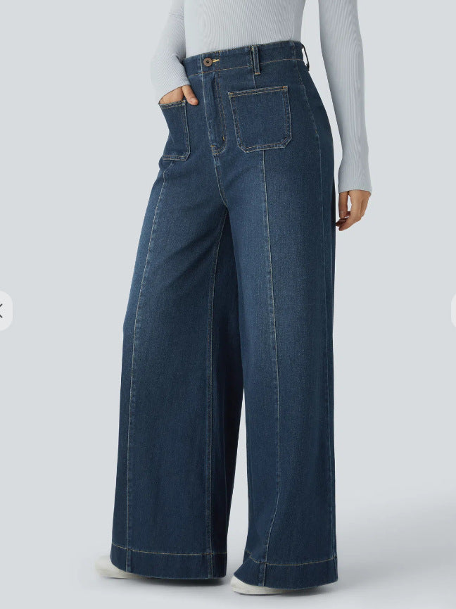 Damen Weite Jeanshose Hohe Taschen Eveloria