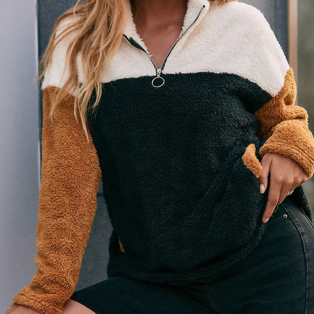 Eveloria Damen Sweatshirt Oversized Fleece Halbzip Grau