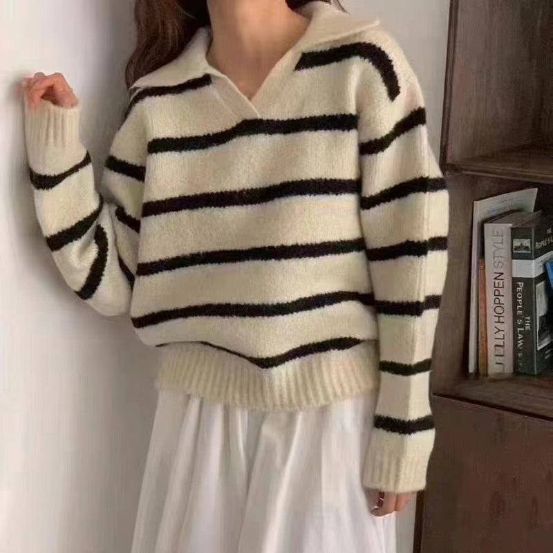 Damen Pullover Streifenmuster Kragen Elegantes Design