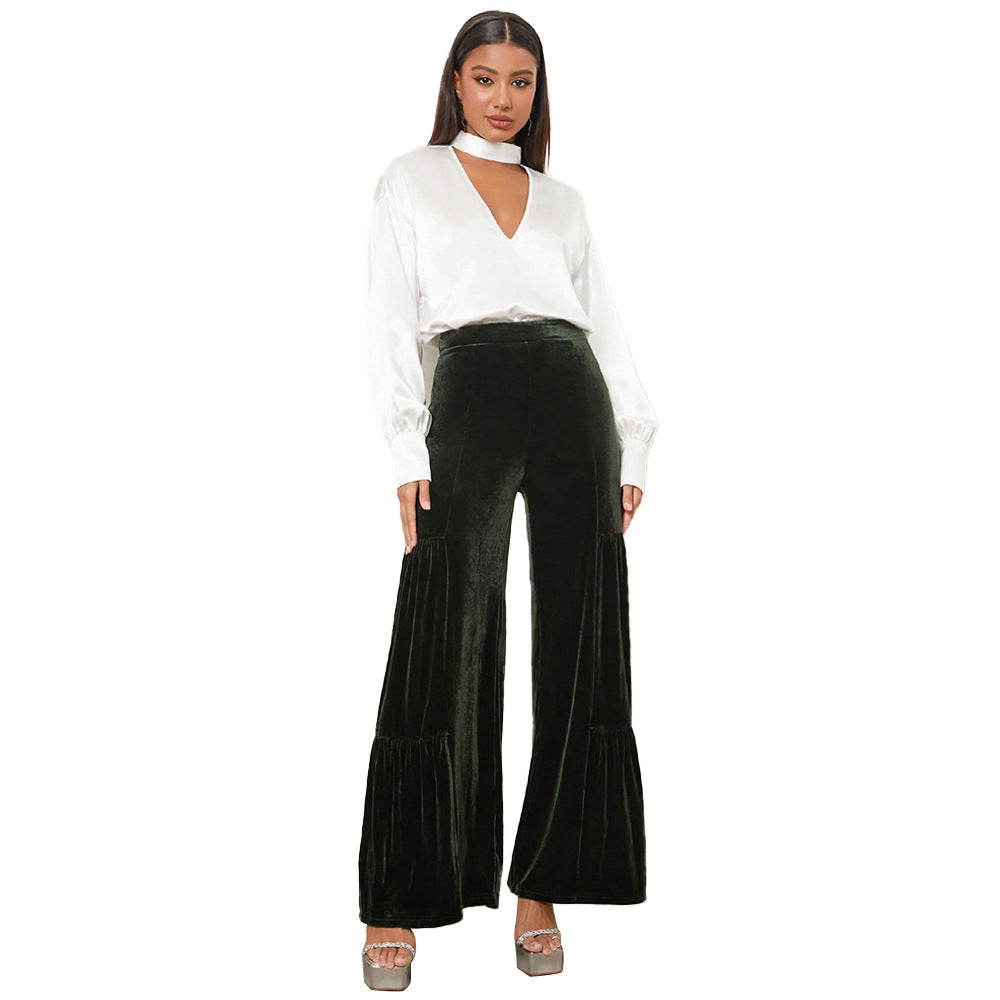 Damen Velours-Hose Weite Rüschendetails Eveloria