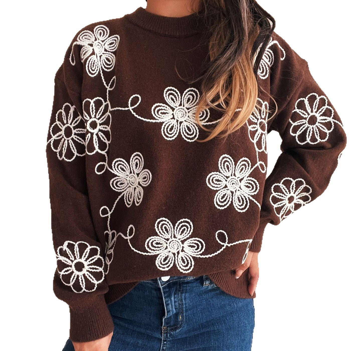 Damen Strickpullover Florales Muster Hoher Kragen