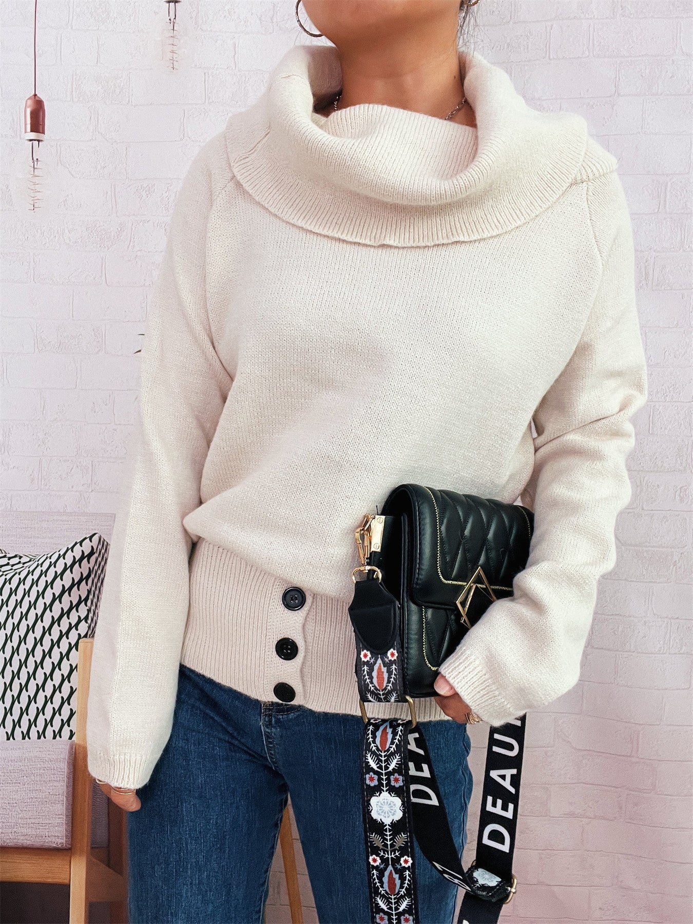 Damen Strickpullover Hochkragen Mit Knöpfen Eveloria