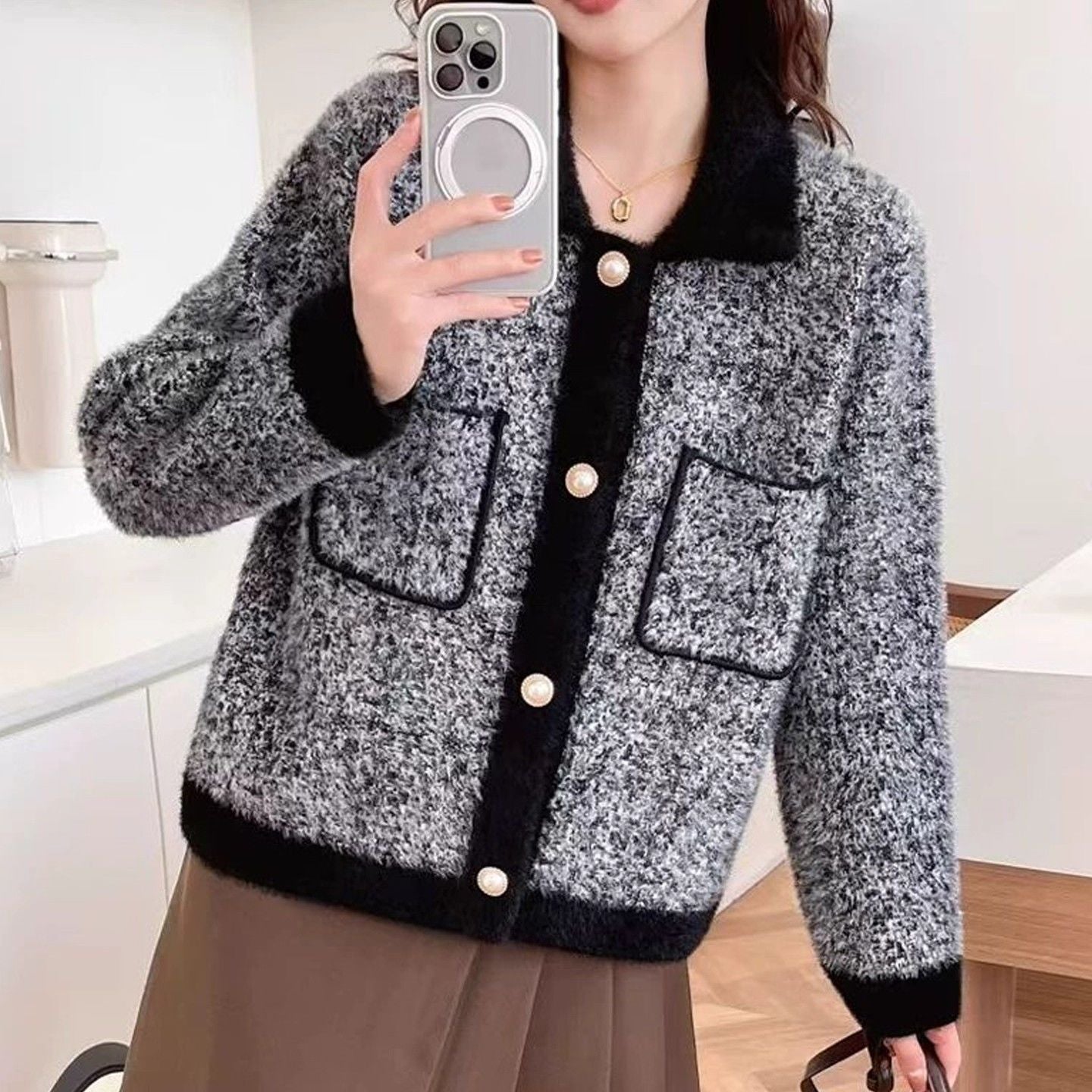 Damen Jacke Kuschelig Kontrasttaschen Eveloria