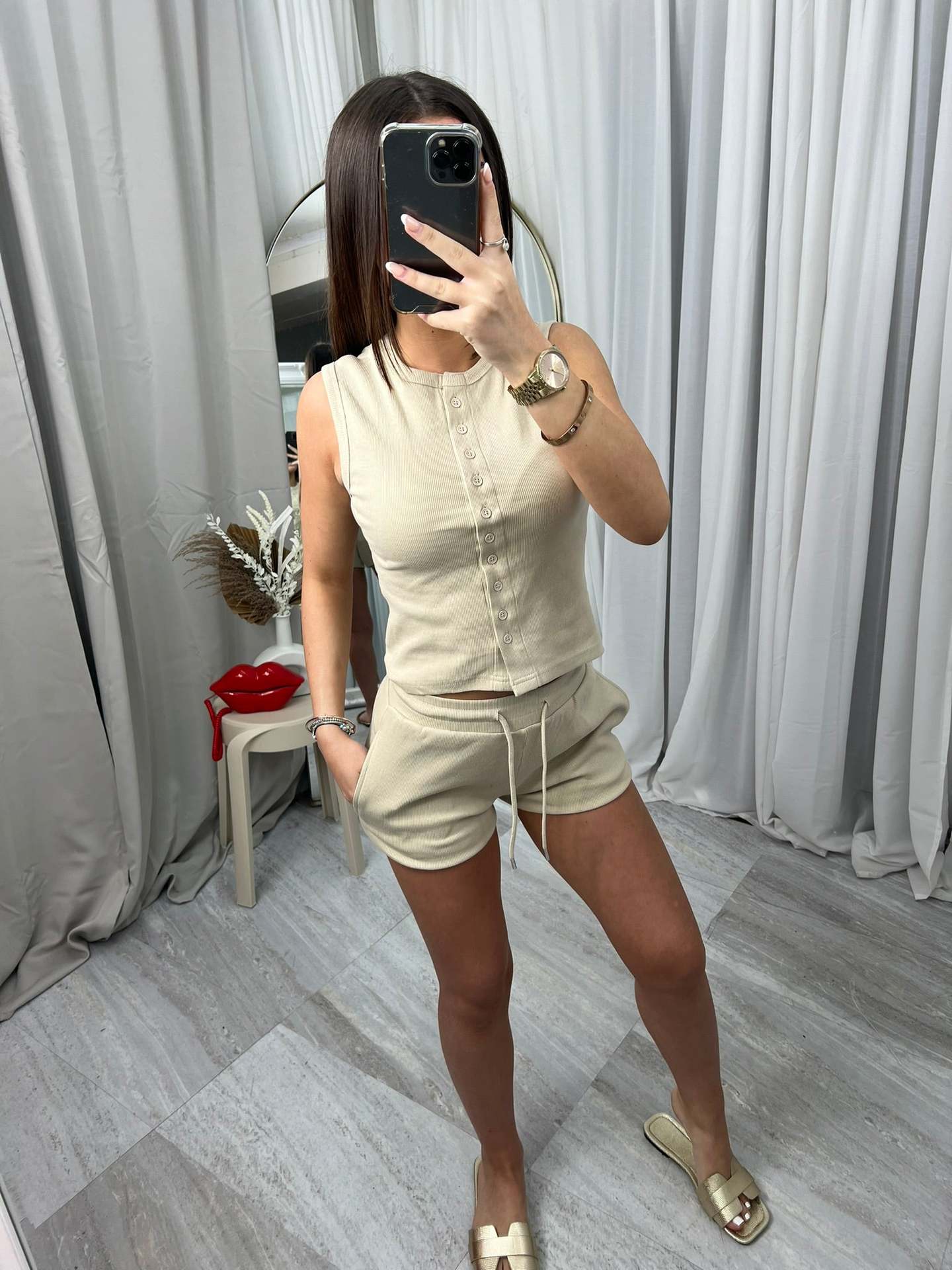 Damen Kurzoverall Set Knopfverschluss Verstellbar