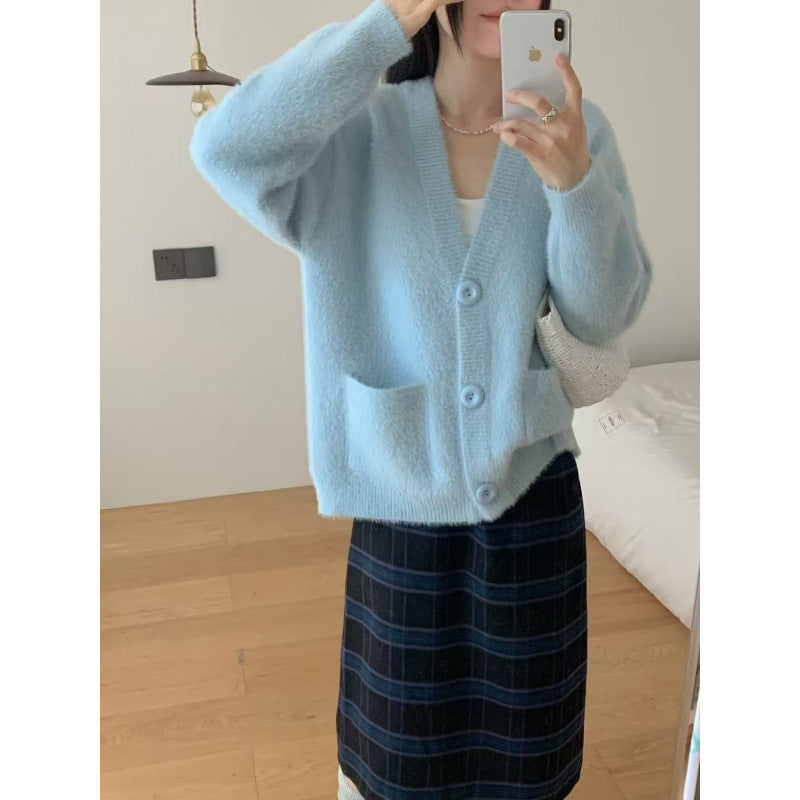Damen Flauschiger Cardigan mit Knöpfen und Taschen Eveloria