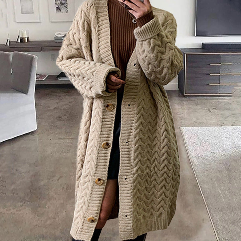 Damen Strickcardigan Voluminöses Zopfdesign Knopfverschluss Beige