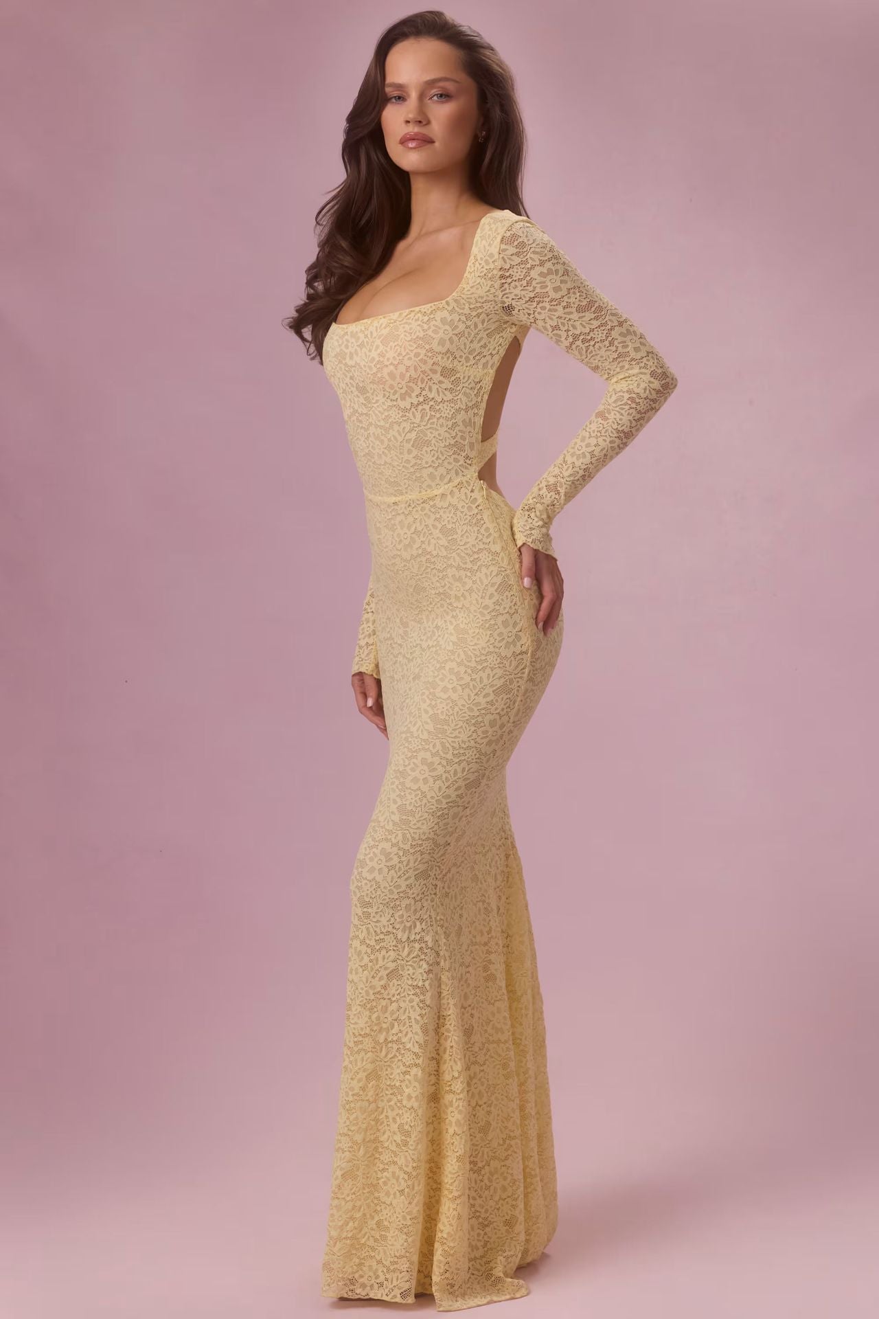 Damen Maxikleid Spitze Tailliert Langarm Eveloria