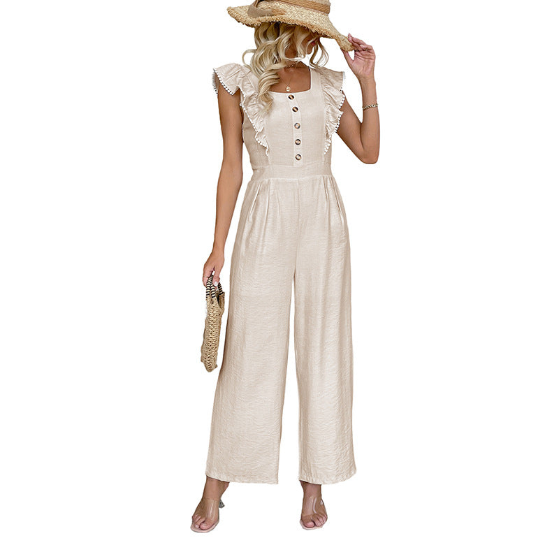 Damen Jumpsuit Sommerröcke Rüschendetails Knopfverschluss Eveloria