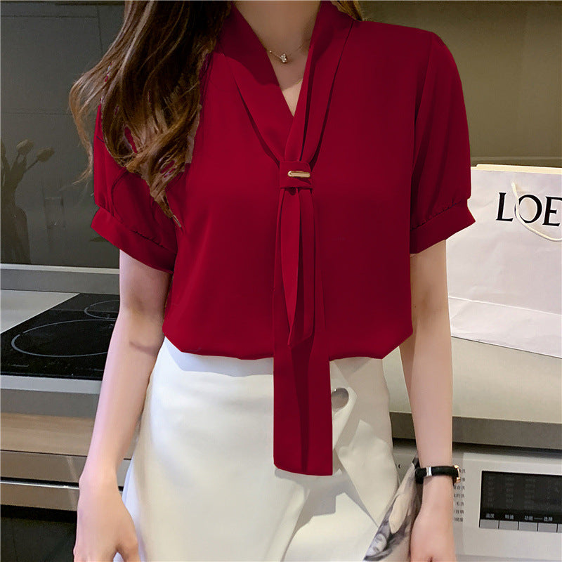 Damen Bluse mit Schleife Puffärmel Eveloria