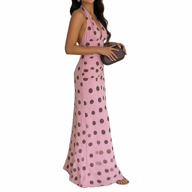 Damen Maxikleid Halterneck Polka Dot Muster Weiß