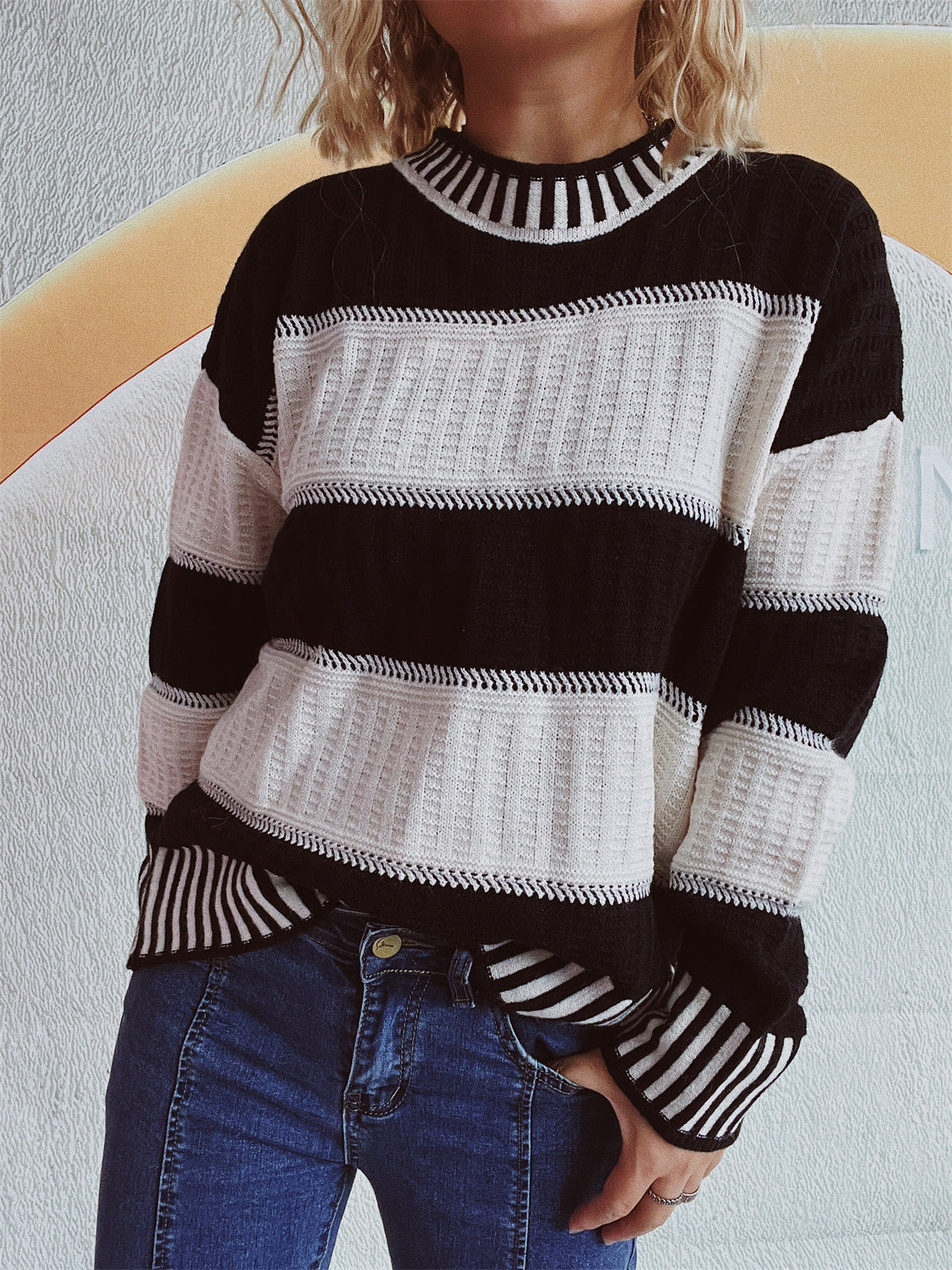 Damen Strickpullover mit Streifenmuster und hohem Bündchen