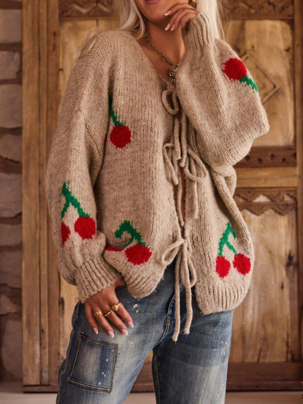 Damen Strickjacke Kirschmuster Mit Kordelzug