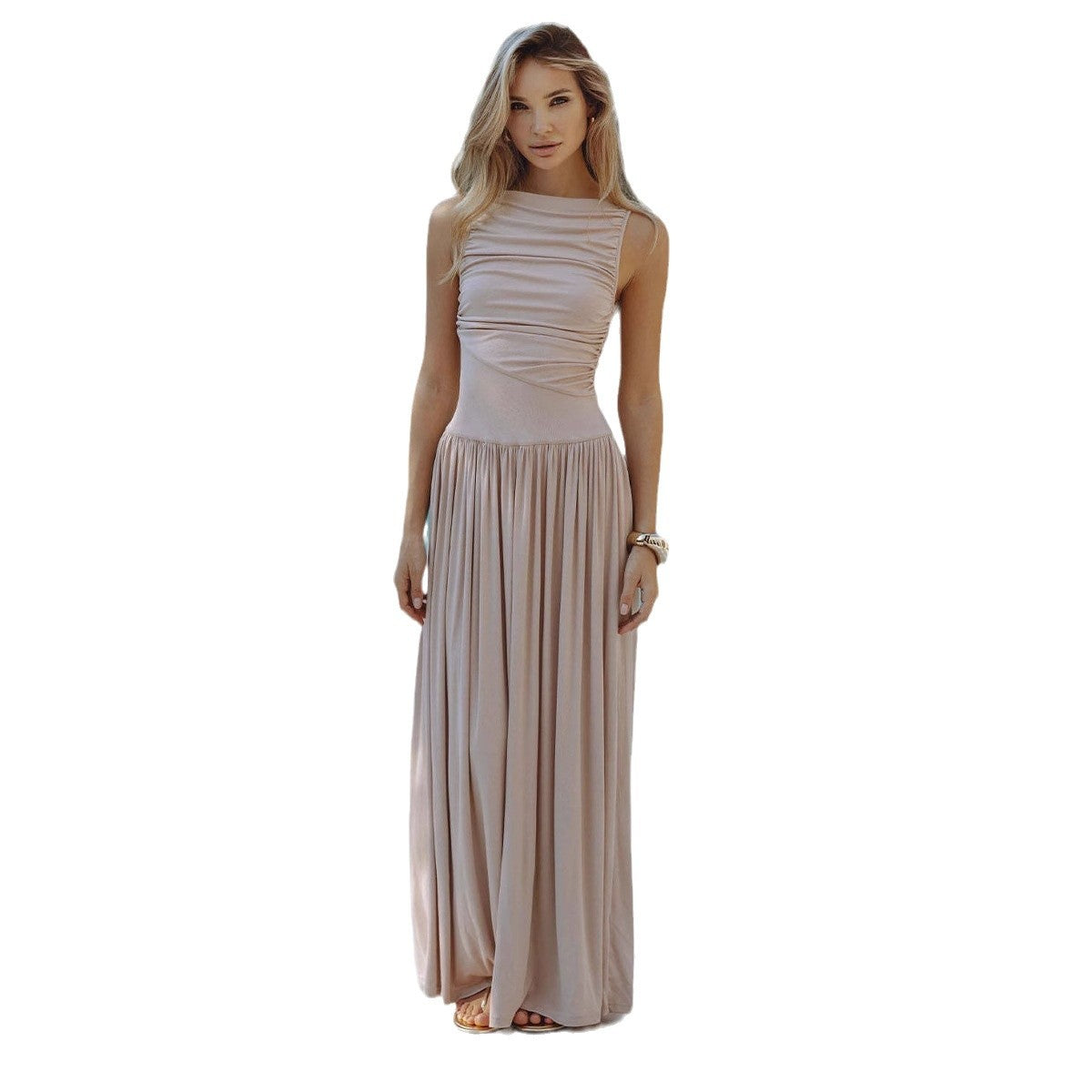 Damen Maxikleid mit Faltenwurf und hohem Bund