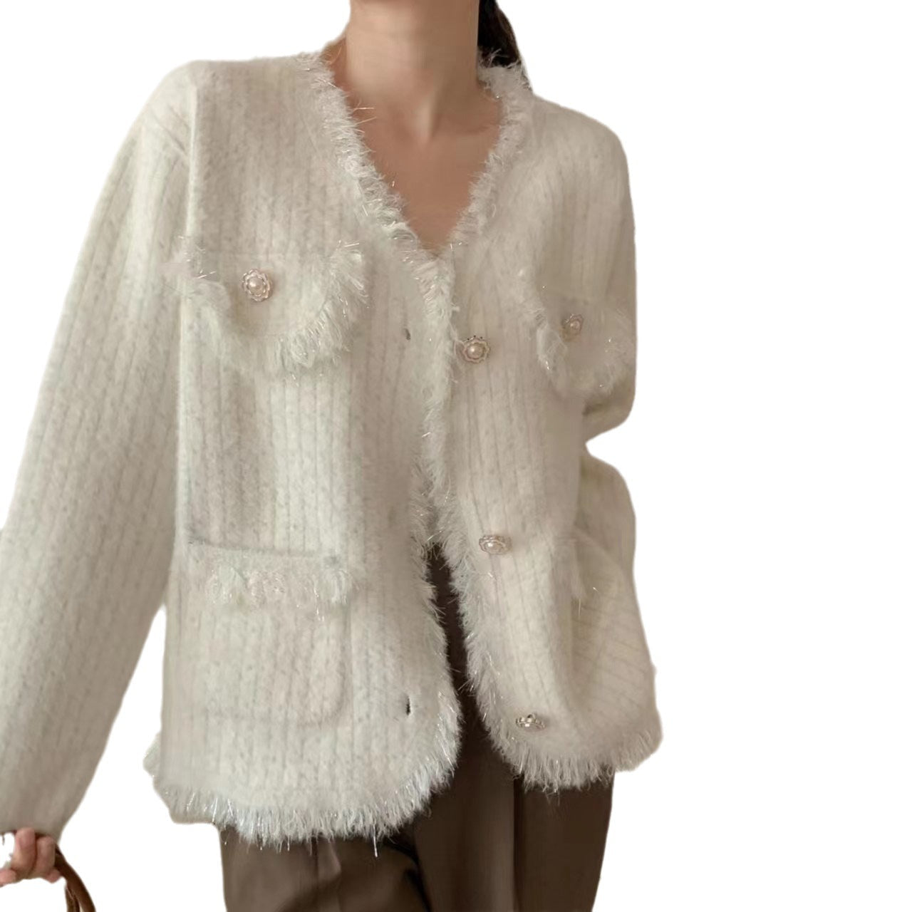 Damen Strickjacke mit Perlen Dekor und Fransen Details