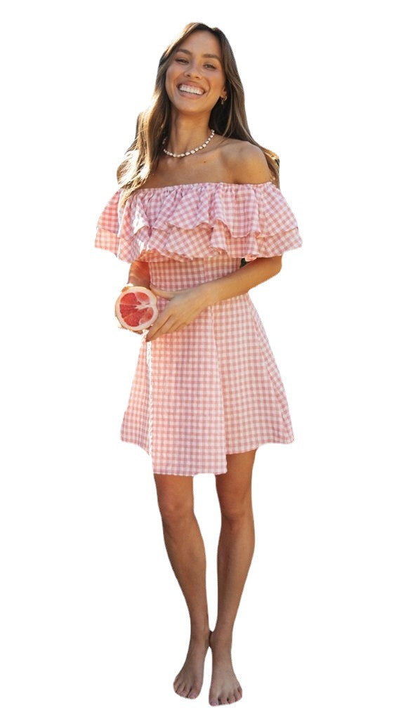 Damen Sommerkleid Schulterfrei Rüschen Karomuster