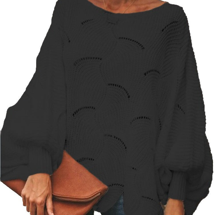 Damen Strickpullover Wellenmuster Weite Ärmel Luftig