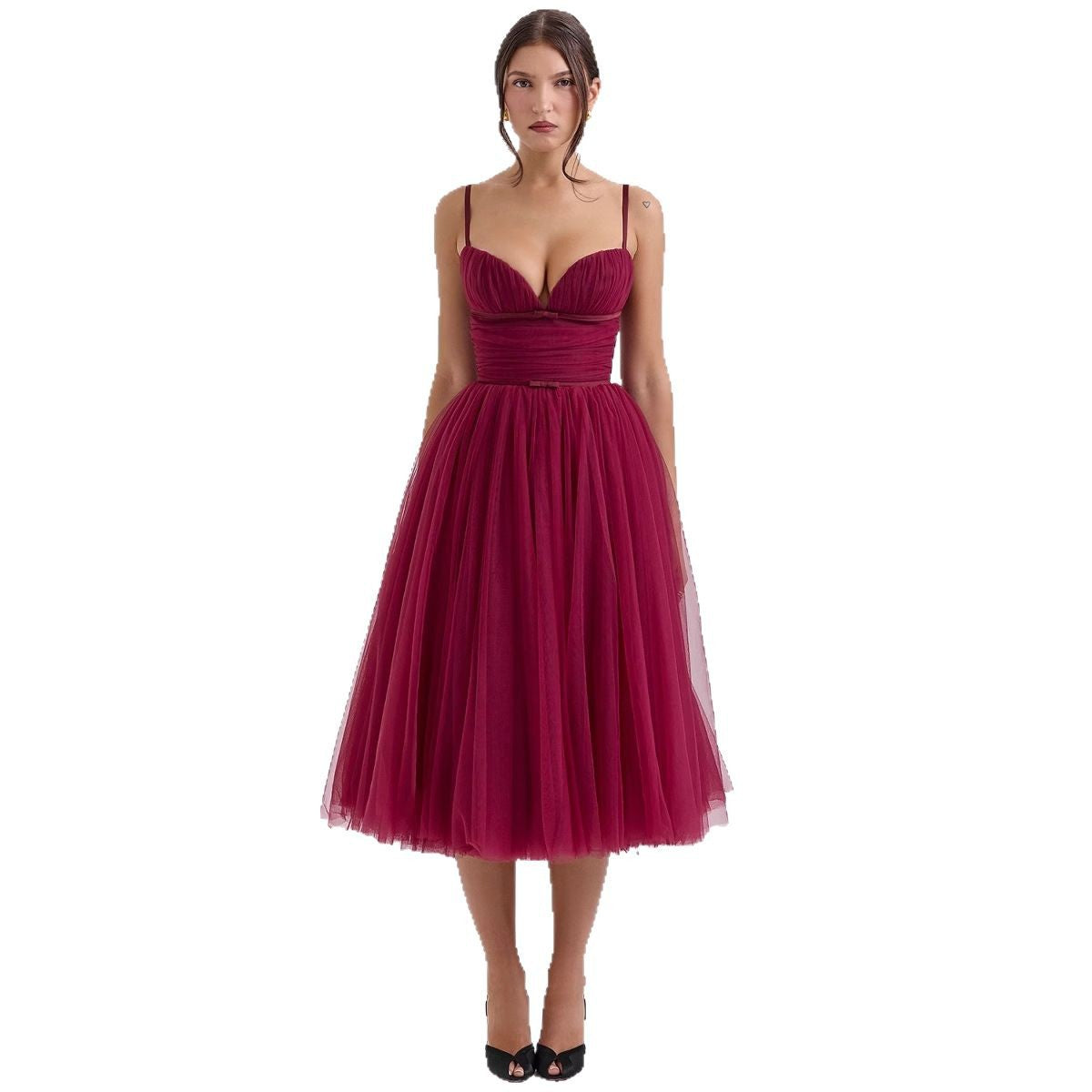 Damen Tüll Cocktailkleid V-Ausschnitt Taillengürtel