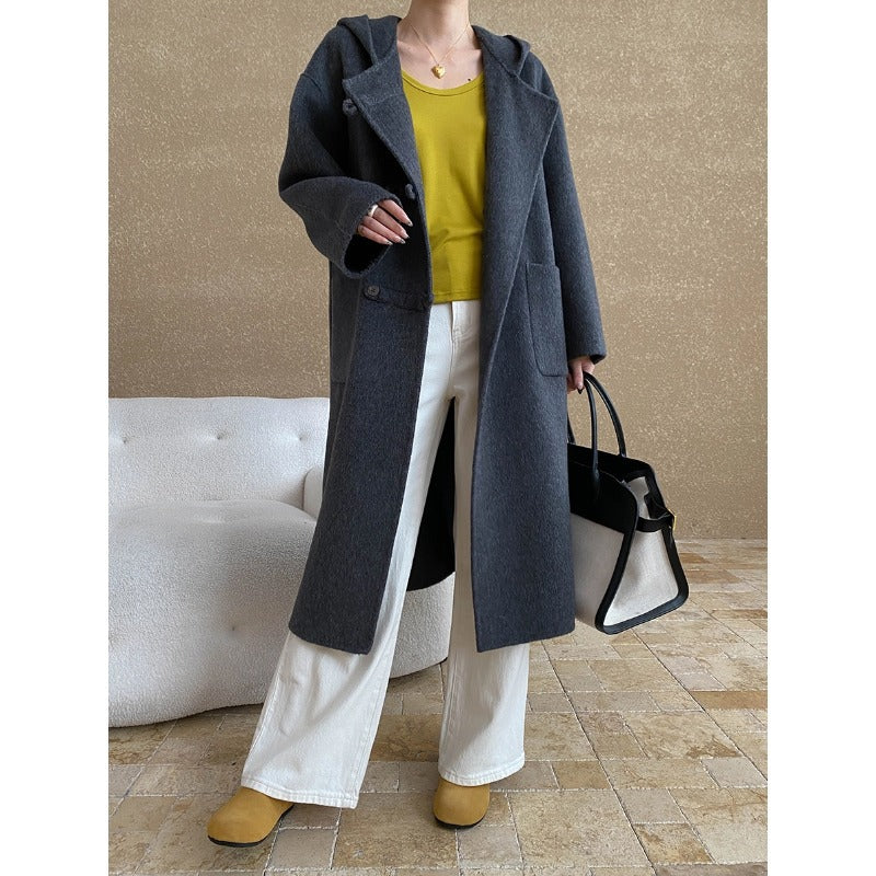 Damen Wollmantel Mit Kapuze Praktische Taschen Eveloria