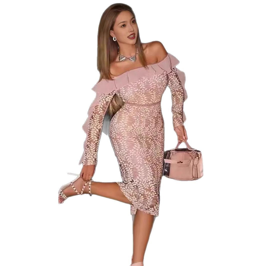 Damen Off-Shoulder Spitzenkleid Rüschendetails Figurbetont