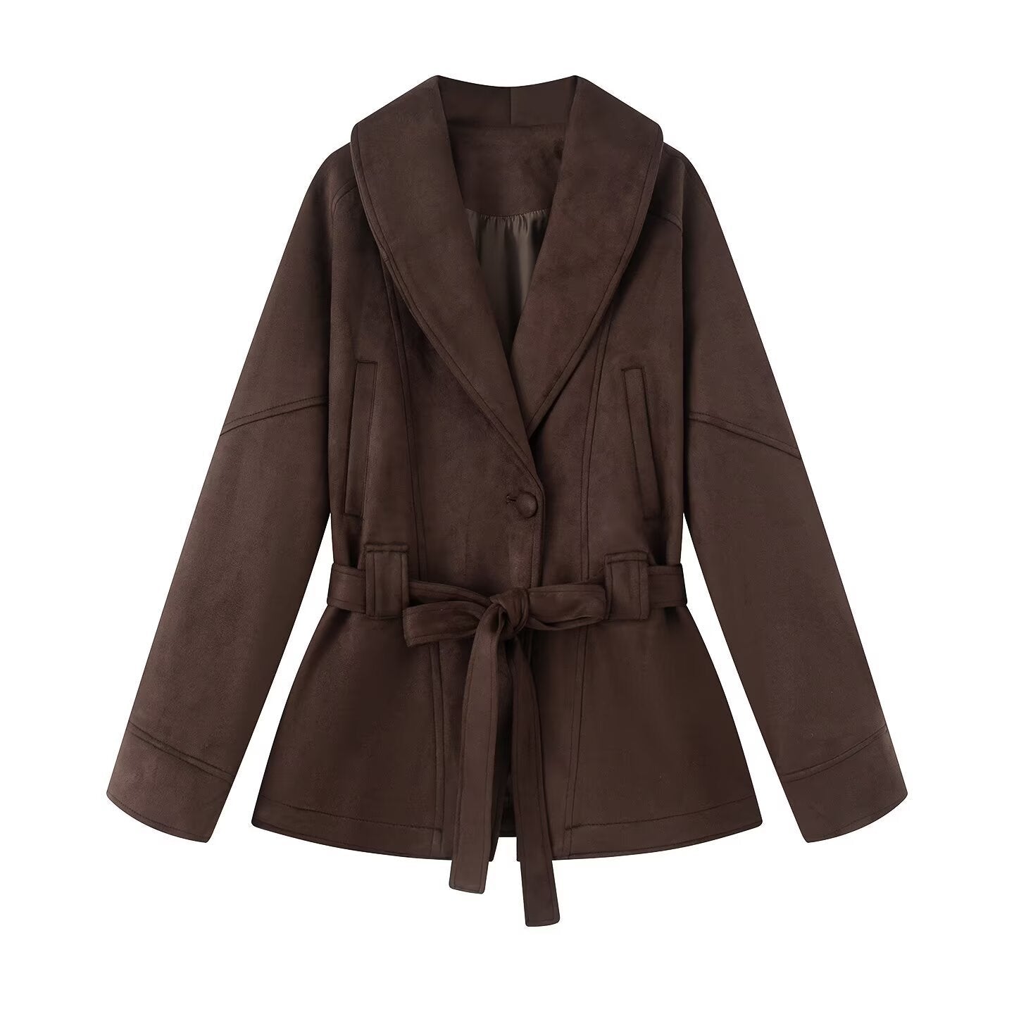 Damen Kunstlederjacke mit Breitem Kragen und Taillengürtel