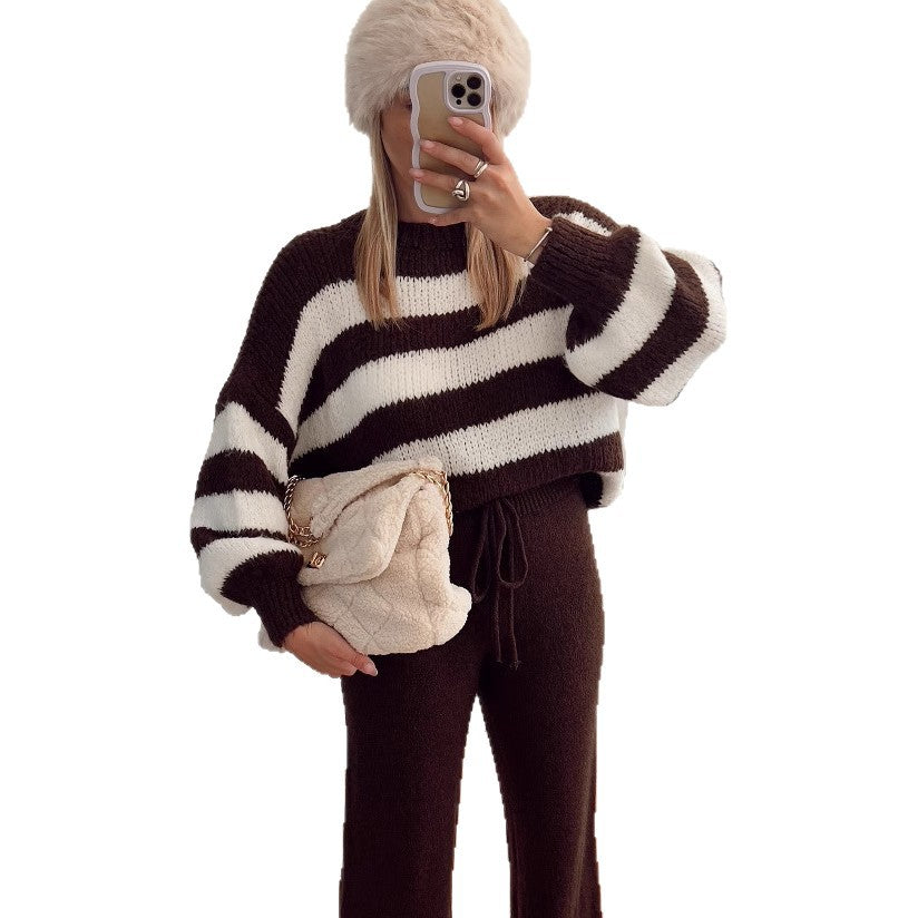 Damen Cropped-Pullover Breite Streifen Hoher Kragen Eveloria