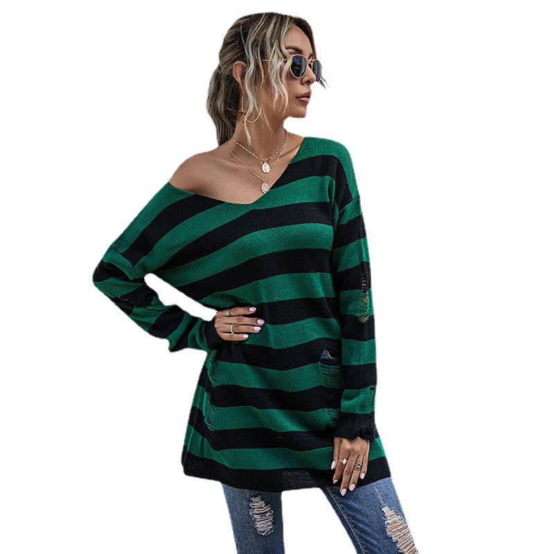 Damen Oversized Strickpullover V-Ausschnitt Streifenmuster