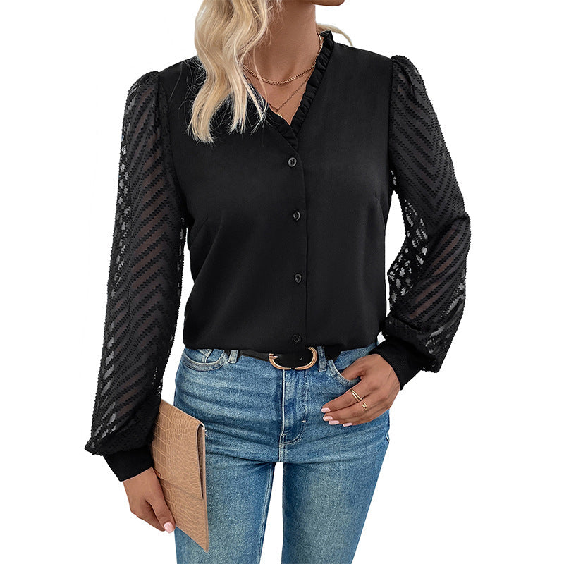 Damen Bluse Rüschendetails transparente Spitze Elegant