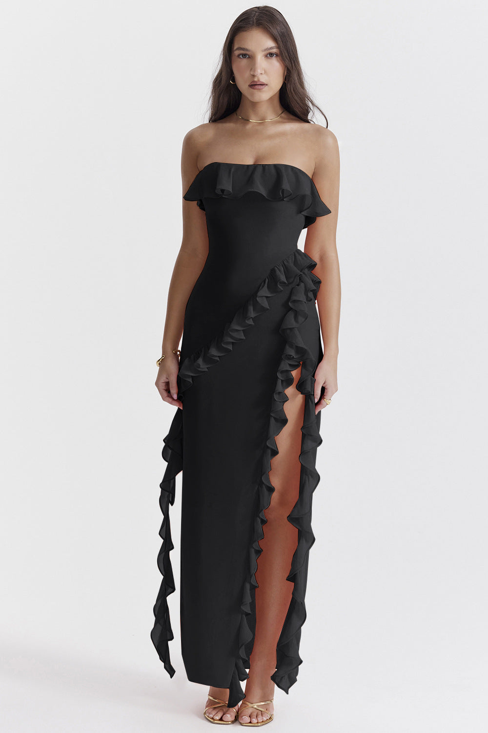 Damen Maxikleid Rüschen Off-Shoulder