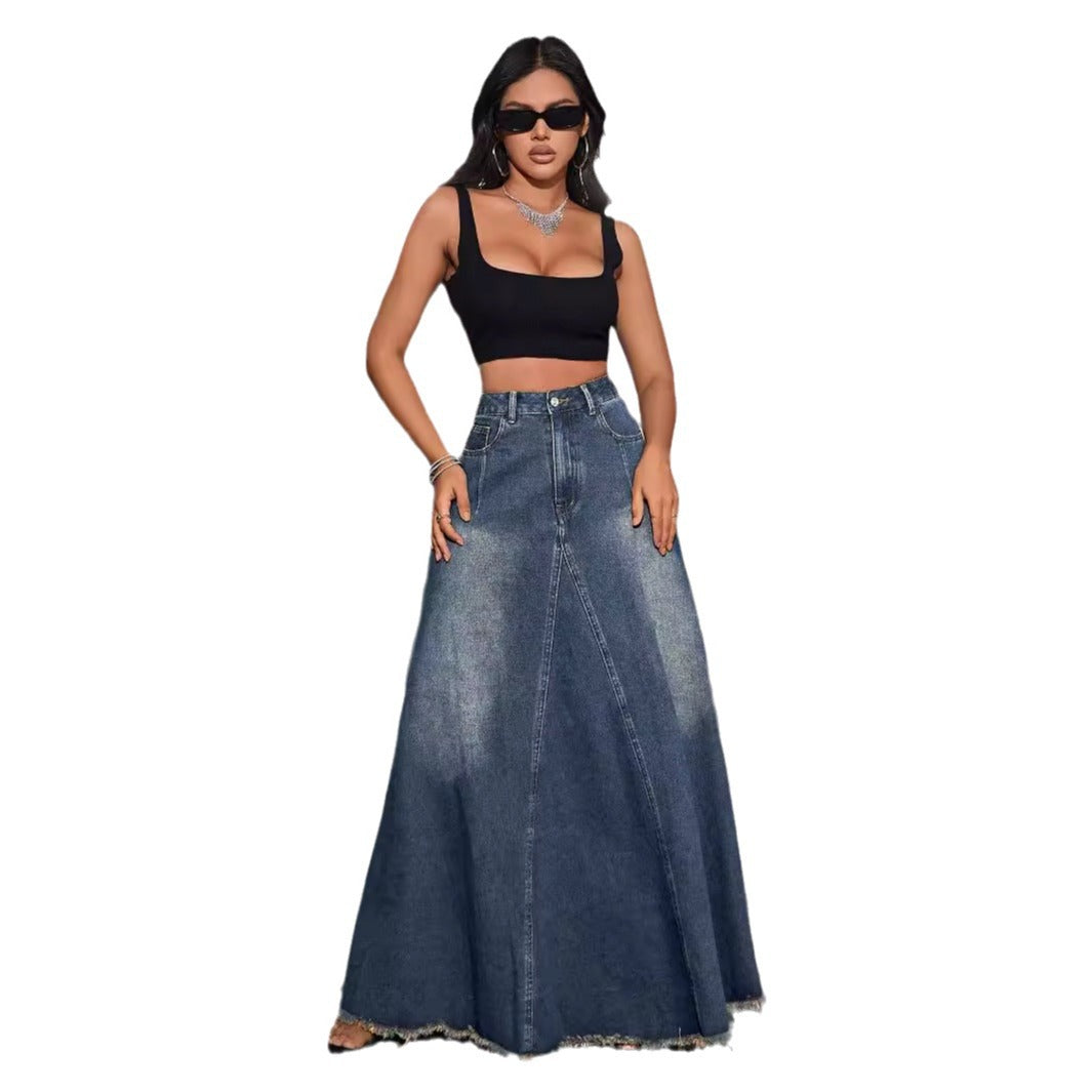Damen Jeans Maxirock Hohetaille Fransensaum Darkblue Eveloria