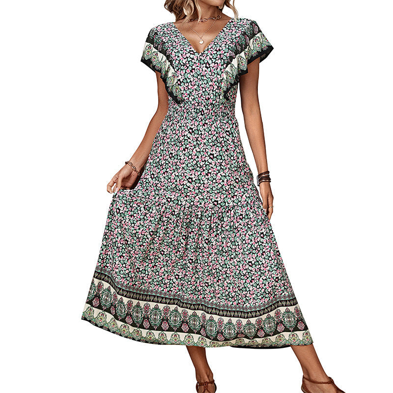 Damen Midi-Kleid Floral-Design V-Ausschnitt