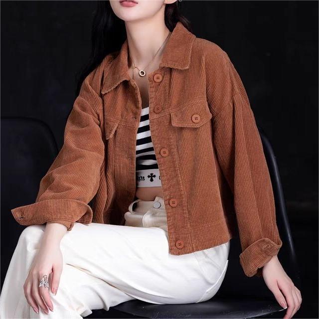 Damen Kordjacke Lässiger Schnitt Überschnittene Schultern
