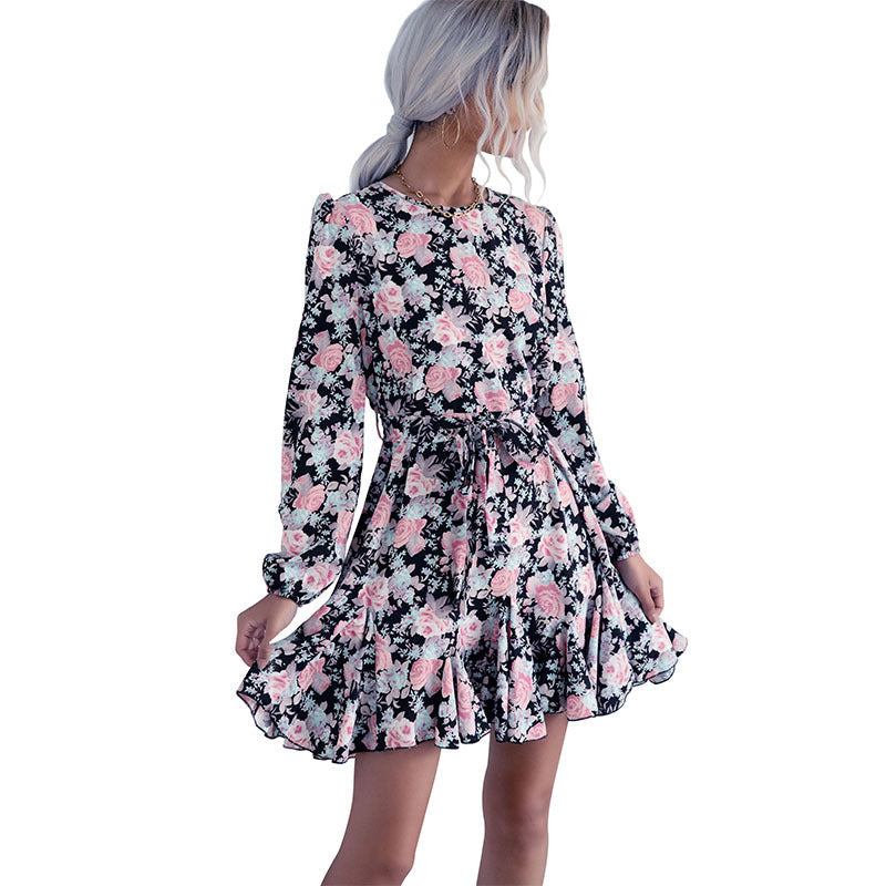 Damen Sommerkleid Kurzarm Floralmuster Rüschensaum Eveloria