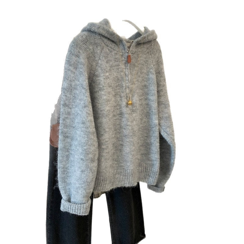 Damen Hoodie Kuschelig Halbzipp Reißverschluss Kängurutasche Grau