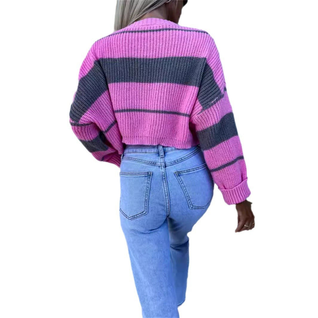 Damen Strickpullover Cropped mit Streifen Modisch Eveloria