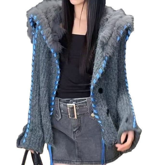 Damen Strickjacke mit Kapuze und Kunstfell
