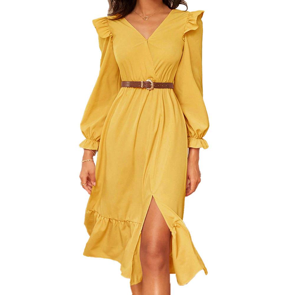 Damen Midikleid Elegant Rüschendesign Schlitz Seitlich Eveloria