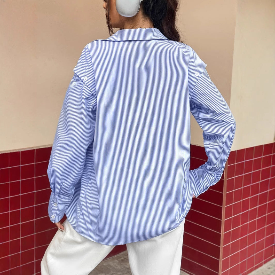 Damen Bluse Übergroß Gestreift mit Knöpfen -Weiß