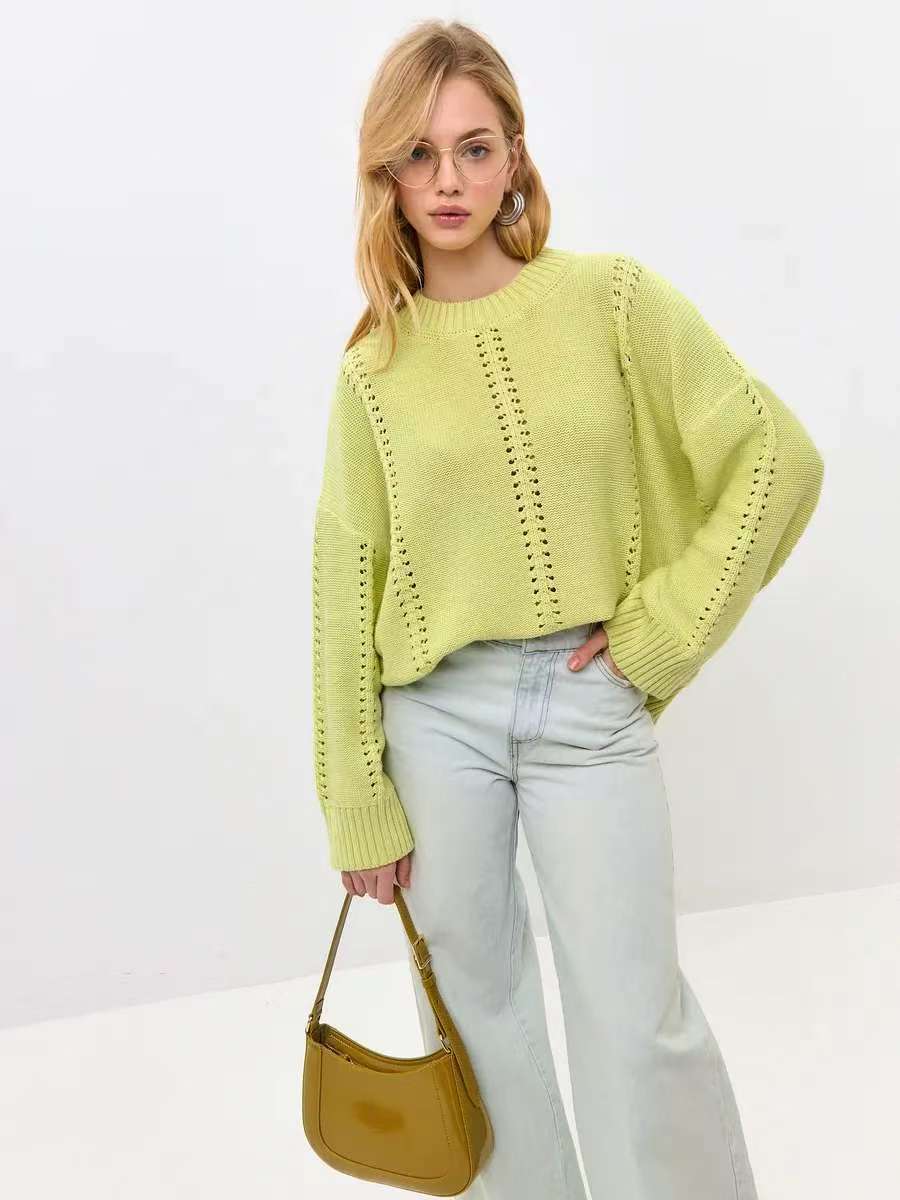 Damen Strickpullover Voluminöse Ärmel Dekoratives Lochmuster Eveloria