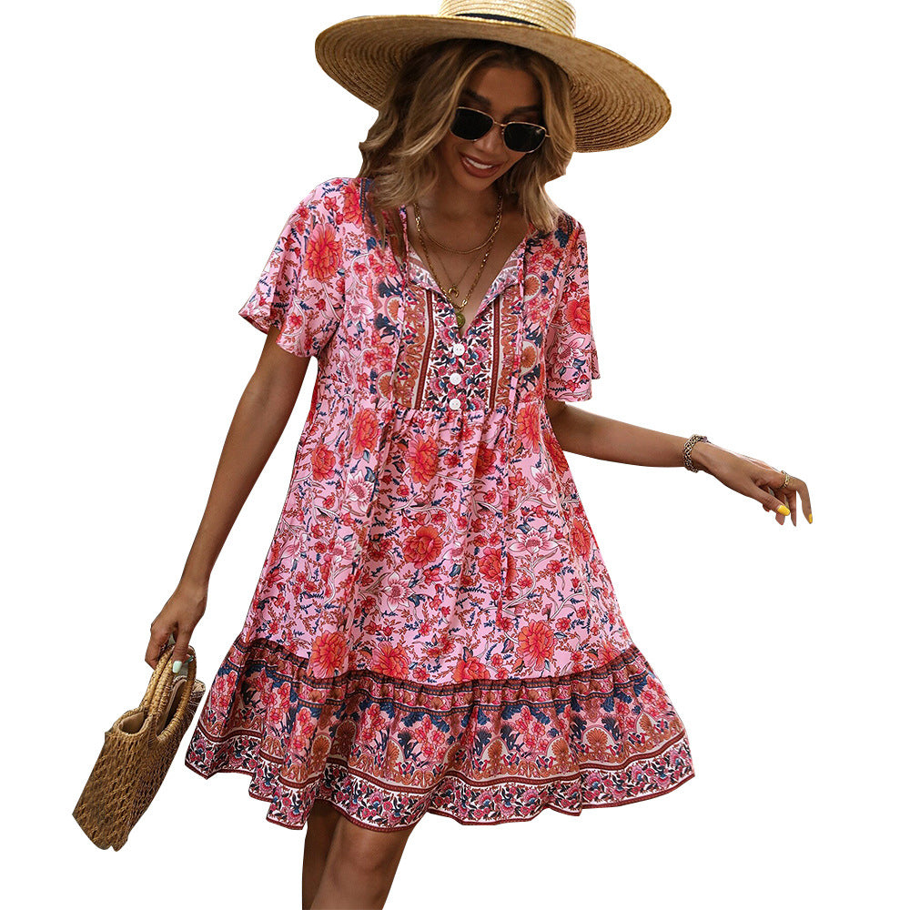 Damen Blumenkleid Sommer Rüschensaum Knopfdesign