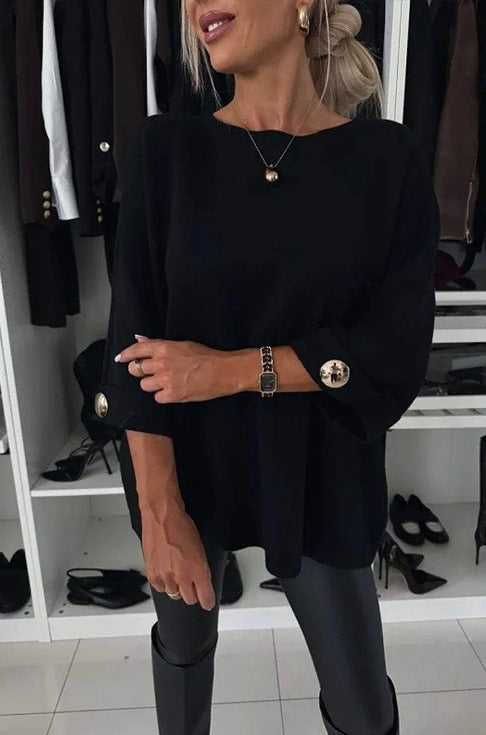 Damen Strickpullover Weit Ärmel Knopfdetails Eveloria