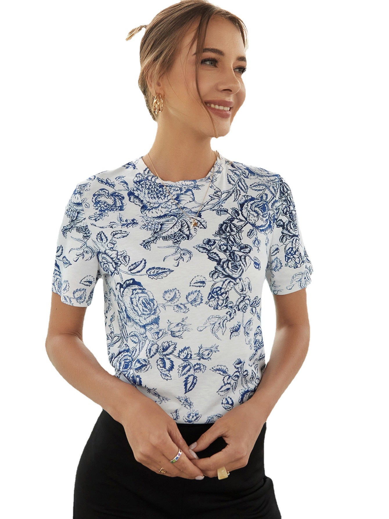 Damen T-Shirt mit Blumen-Druck aus Baumwolle