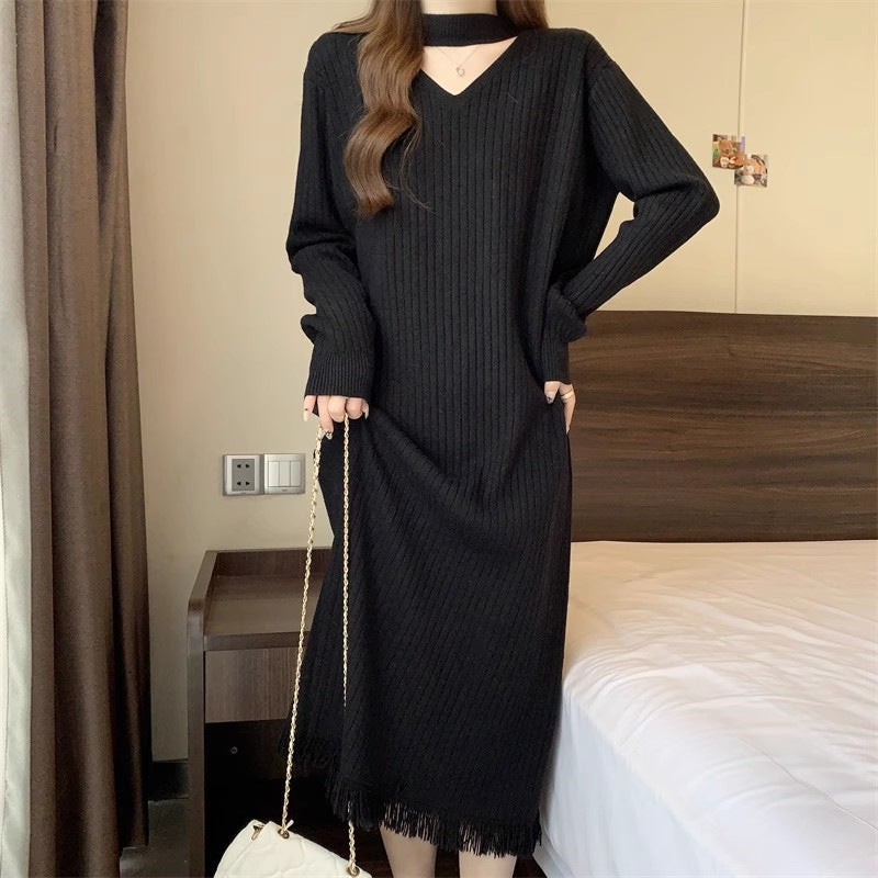 Damen Strickkleid V-Ausschnitt Fransen