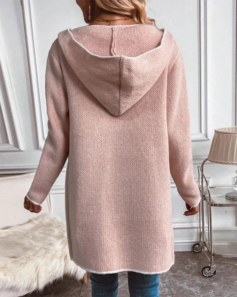 Damen Strickmantel Kapuze Taschen Grau Eveloria