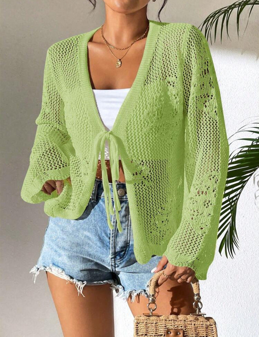 Damen Strickjacke Häkelstruktur Bindeverschluss Beige