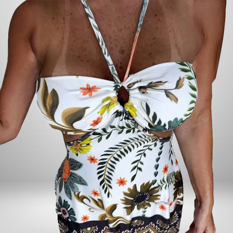 Damen Sommerkleid Floralmuster Cut-Out Ausschnitt