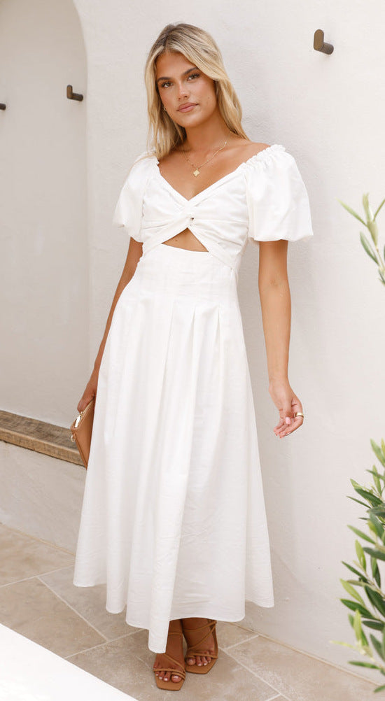 Damen Midikleid Puffärmel Verspielter Knoten Detail
