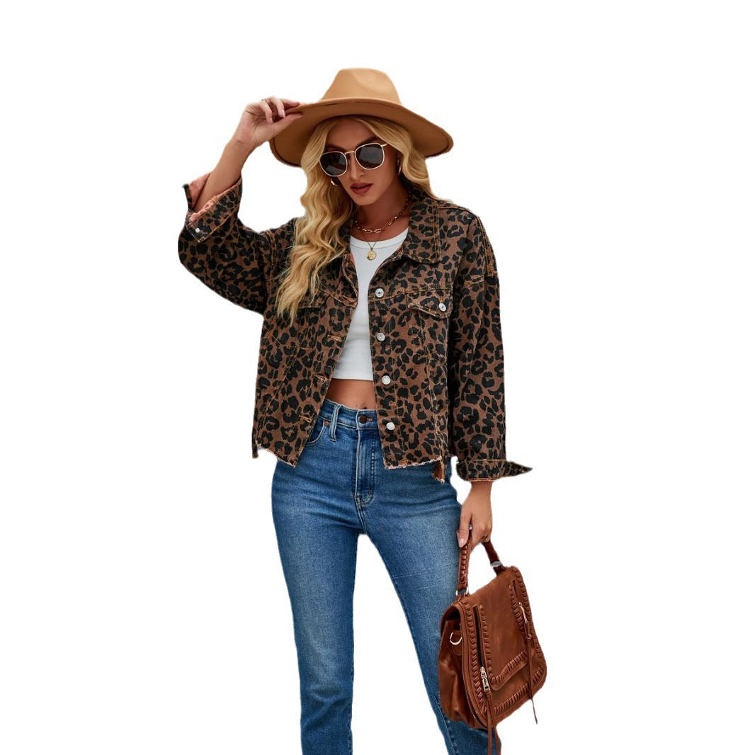 Damen Jeansjacke Leopardenmuster Eveloria