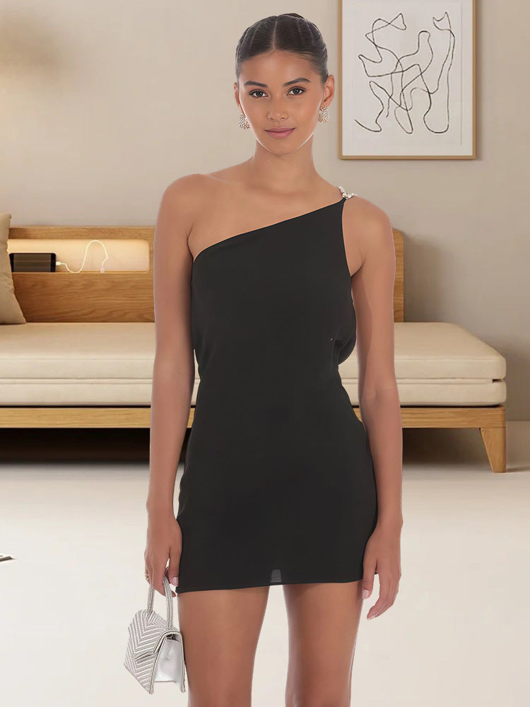 Damen Minikleid Asymmetrisch One-Shoulder-Design mit Glitzerdetails